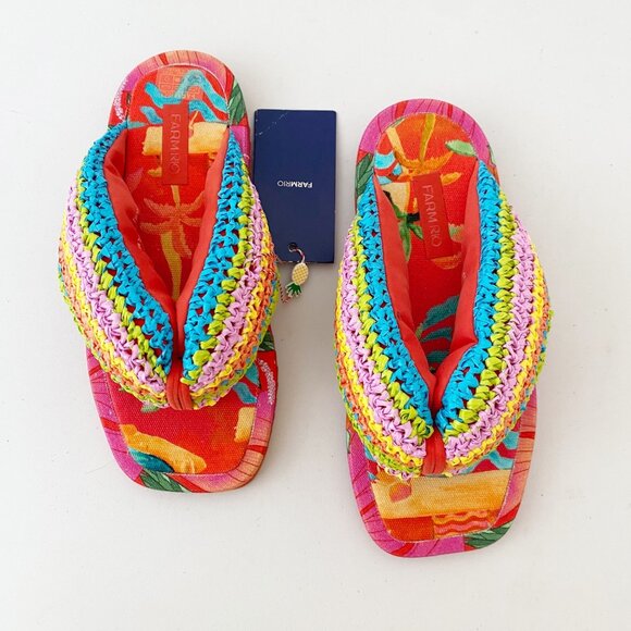 FARM Rio Shoes - New Farm Rio Rainbow Crochet Puffly Flip Flop Sandals Shoes